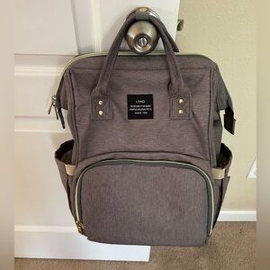 LAND Grey Diaper Bag Backpack Multi-pocket Collapsible Metal Frame Gold Zippers